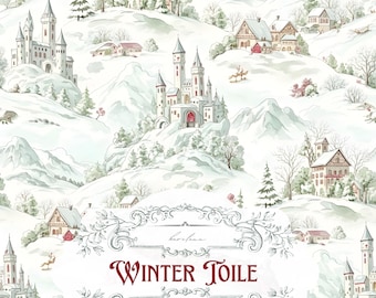 May include: Watercolor illustration of a winter landscape with snow-covered hills, castles, and houses. The design features a seamless pattern with the text "Winter Toile" and "1 seamless pattern" in a decorative frame.