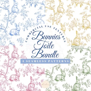 Bunnies Toile De Jouy Bundle Digital Paper Chinoiserie Floral Repeating Pattern Fabric Easter Bunny Rabbit Sage Yellow Nursery Clipart POD
