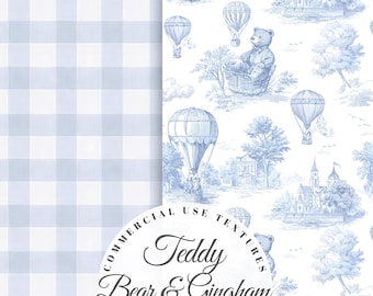 Teddy Bear & Gingham: Blue Seamless Nursery Pattern, Chinoiserie Toile de Jouy, Digital Download, Checkered Baby Boy Fabric Wallpaper png