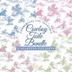 Könnte beinhalten: Ein Set mit vier nahtlosen Mustern mit einem Cowboy-Toile-Design. Die Muster sind in Blautönen, Rosa und Grün gehalten und zeigen Cowboys, die auf Pferden reiten, Bäume und andere ländliche Elemente. Der Text "Cowboy Toile Bundle" und "4 Seamless Patterns" ist im Bild enthalten.