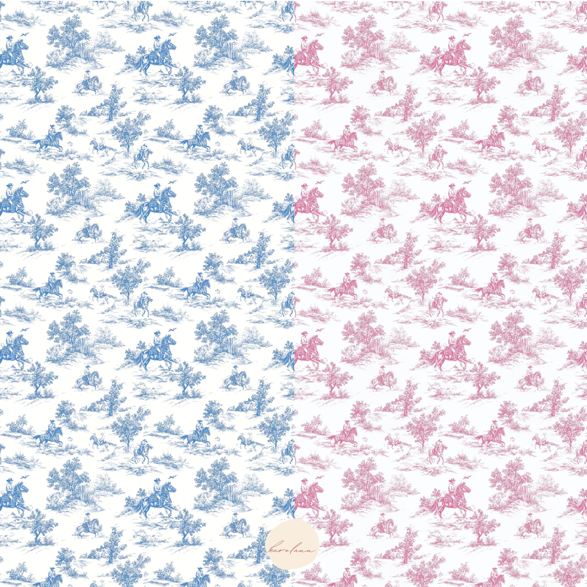 Western Rodeo Pattern Cowboy Toile Chinoiserie Western Rodeo Seamless Pattern Blue Pink ...