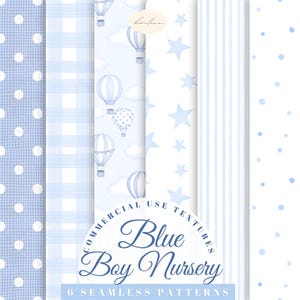 May include: A collection of six seamless digital patterns in shades of light blue and white. Designs include white polka dots on blue, blue plaid, hot air balloons with clouds, blue stars, vertical blue stripes, and blue dots on white.
