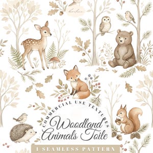 May include: Watercolor illustration of woodland animals, including a deer, fox, bear, owl, squirrel, and hedgehog, set against a backdrop of trees and foliage. The design features a seamless pattern with a soft, neutral color palette, perfect for various applications.