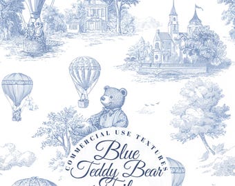 Blue Teddy Bear Toile: Vintage Seamless Nursery Pattern, Chinoiserie Toile de Jouy, Digital Download, Clipart Papers Fabrics, Balloon png