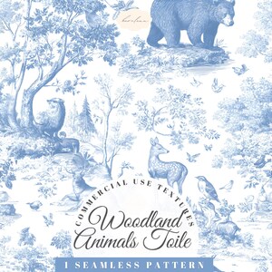 May include: A seamless pattern featuring blue ink illustrations of woodland animals including a bear, deer, and birds on a white background. The text reads Commercial Use Textures Woodland Animals Toile 1 Seamless Pattern in a circular layout.