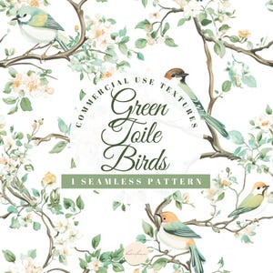 May include: A seamless pattern with watercolour illustrations of birds on flowering branches. The design includes the text "Green Toile Birds" and "1 Seamless Pattern". The colour palette features green, white, and touches of yellow and orange.