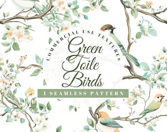 May include: A seamless pattern featuring watercolor illustrations of birds perched on flowering branches. The design includes the text "Green Toile Birds" and "1 Seamless Pattern". The color palette consists of green, white, and touches of yellow and orange.