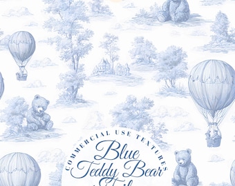 Blue Teddy Bear Toile: Vintage Seamless Nursery Pattern, Balloon Chinoiserie Toile de Jouy, Digital Paper Baby Boy Fabric Wall Art Decor png