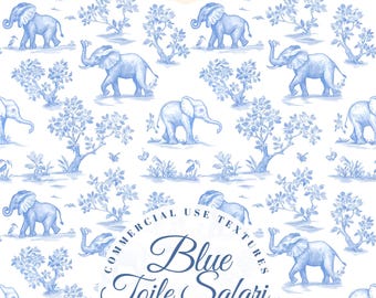 Blue Toile Safari: Elephant Chinoiserie de Jouy, Nursery Seamless Pattern Digital Paper, Baby Shower Background Wall Art Clipart Fabric png
