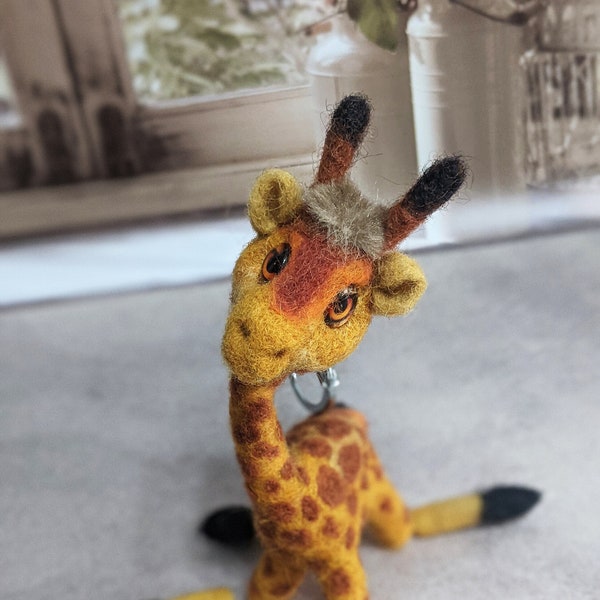 Giraffe Toy - suspension. Suspension in a baby stroller, Accessory for a car, Giraffe  keychain needle felted. Natural wool,Handmade Giraffe