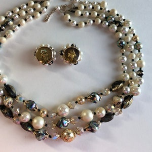 Vintage Japan Glass Jewelry Art 1960s Faux Pearl Beads Black Stones Iridescent Multi-Strand 22&quot; Necklace Earring Costume Jewelry Set Women