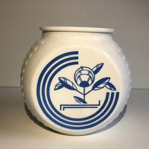 Vintage Anchor Hocking Fire King Vitrock Milk Glass 5" Grease Drip Jar Grease Jar with Art Deco Blue Tulip Design