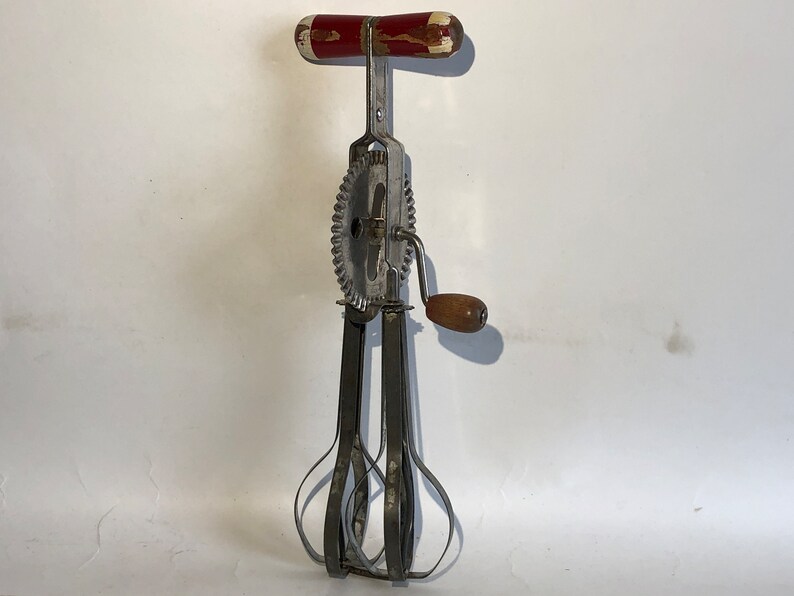 Vintage EKCO Hand Mixer Stainless Steel 1940s Red Handled Rotary Drive Beater Manual Kitchen