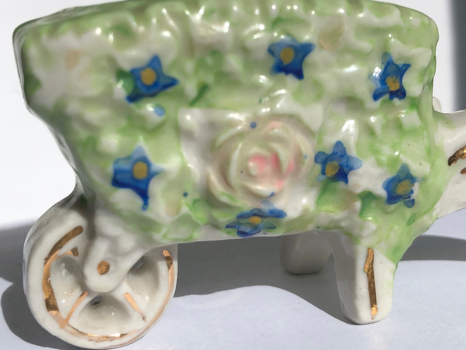 Vintage Ceramic Figurine Occupied Japan Green Wheelbarrow Blue Etsy