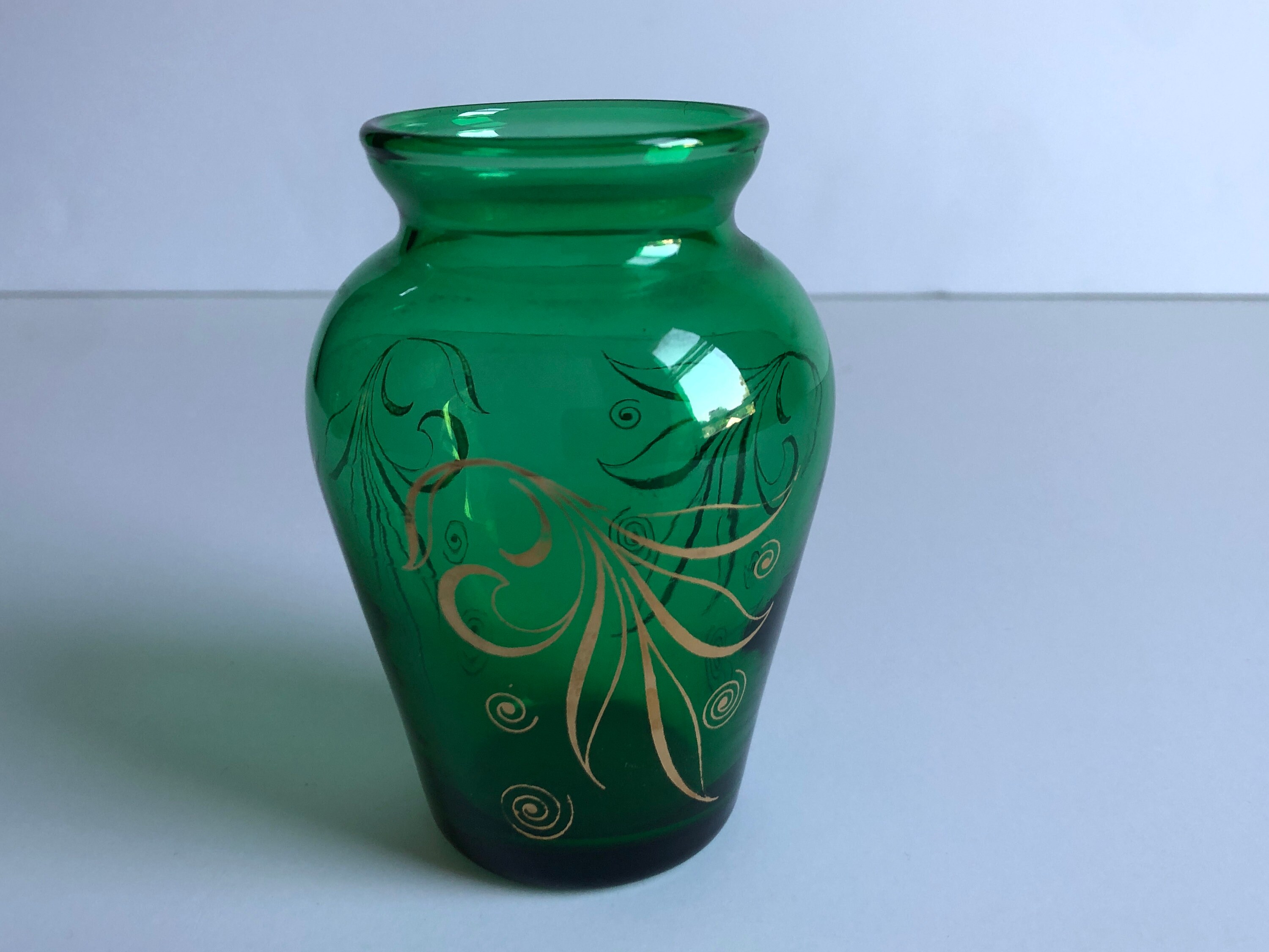 Vintage Green Glass Vase Pair Gold Trim Miniature Bud Vases Etsy