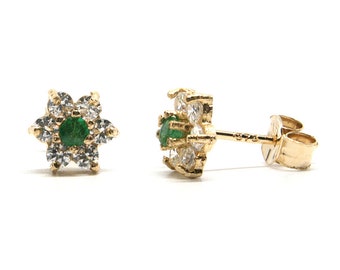 9ct Gold Emerald and CZ Studs Cluster earrings  Made in UK