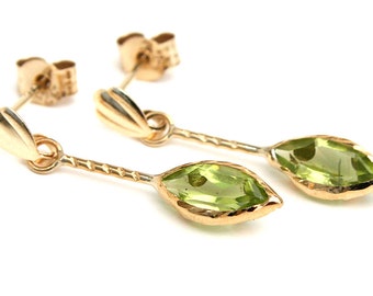 Solid 9ct Gold Peridot Marquise Drop dangly earrings with FREE Gift Box