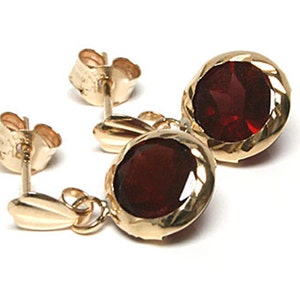Solid 9ct Gold Round Garnet Drop Dangly Earrings with FREE Gift Box