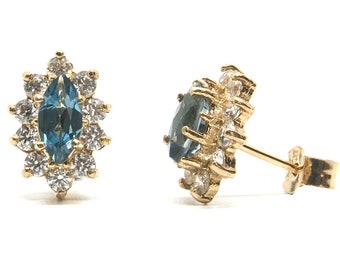 9ct Gold London Blue Topaz and CZ Studs Cluster Earrings Made in UK