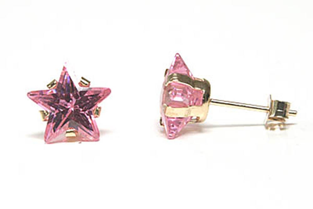 Solid 9ct Gold Pink Cubic Zirconia Star Stud Earrings With FREE