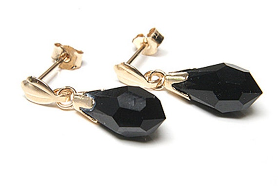 Solid 9ct Gold Black Swarovski Crystal Elements Drop Dangly Earrings with FREE Gift Box