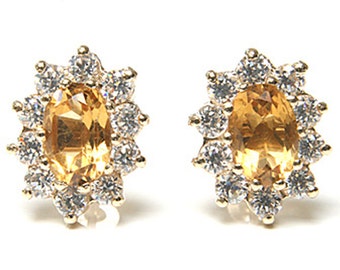 Solid 9ct Gold Citrine and CZ Cluster Stud earrings with FREE Gift Box