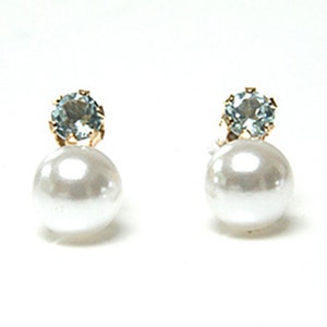 Solid 9ct Gold Blue Topaz and Pearl Stud earrings with FREE Gift Box