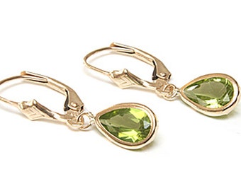 Solid 9ct Gold Peridot Lever Back Teardrop Dangly Earrings with FREE Gift Box