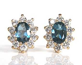 Solid 9ct Gold London Blue Topaz and CZ Cluster stud earrings with FREE Gift Box