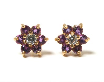 9ct Gold Amethyst and Cubic Zirconia cluster studs earrings with FREE Gift Box