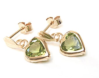 Solid 9ct Gold Peridot Love Heart Drop Dangly earrings with FREE Gift Box