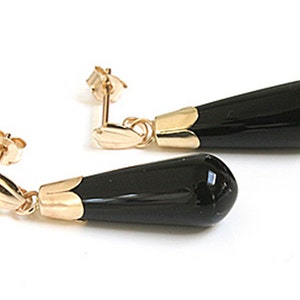 Solid 9ct Gold Black Onyx Long Teardrop Dangly Earrings with FREE Gift Box