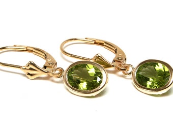 Solid 9ct Gold Peridot Oval Lever Back Drop Dangly Earrings with FREE Gift Box