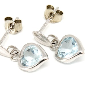 9ct White Gold Blue Topaz Love Heart Drop Earrings Made in UK Gift boxed