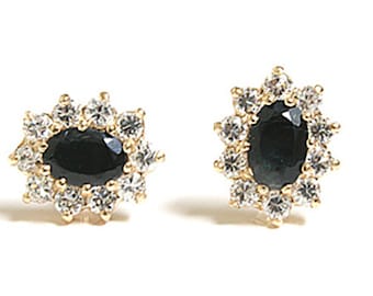Solid 9ct Gold Sapphire and CZ Cluster Stud Earrings with FREE Gift Box