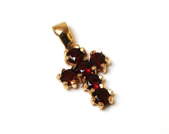 Solid 9ct Gold Garnet Cross pendant, no chain With FREE Gift Box