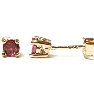 Może przedstawiać: Para złotych kolczyk&oacute;w z małym, okrągłym, czerwonym kamieniem szlachetnym w każdym kolczyku.