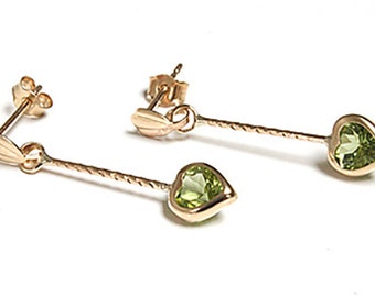 Solid 9ct Gold Peridot Love Heart Drop Dangly Earrings with FREE Gift Box