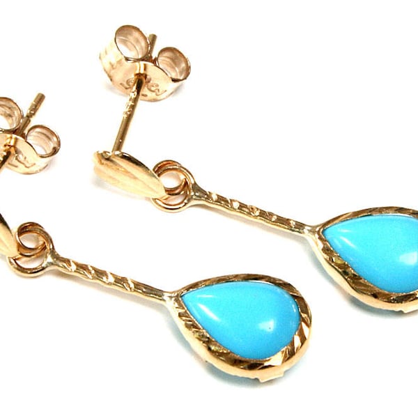 Solid 9ct Gold Turquoise Teardrop dangly earrings with FREE Gift Box