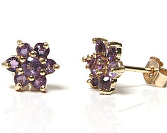 Solid 9ct Gold Amethyst cluster stud earrings with FREE Gift Box