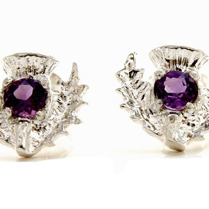 Solid 925 Sterling Silver Amethyst Scottish Thistle Stud earrings with FREE Gift Box