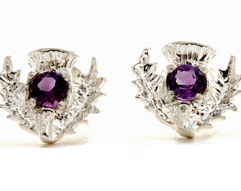 Solid 925 Sterling Silver Amethyst Scottish Thistle Stud earrings with FREE Gift Box