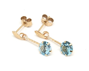 9ct Gold Swiss Blue Topaz drop earrings 5mm round Gift Boxed