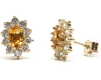 9ct Gold Citrine and CZ Studs Cluster earrings  Made in UK