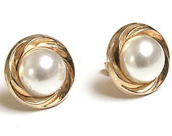 Solid 9ct Gold Pearl Button Stud earrings 12mm Pearl with FREE gift box