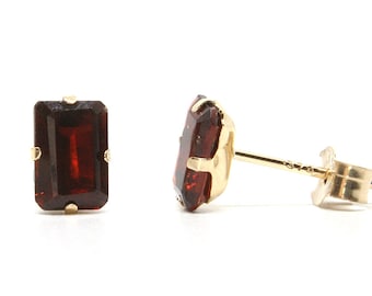 9ct Gold Garnet Studs Emerald Cut earrings Made in UK