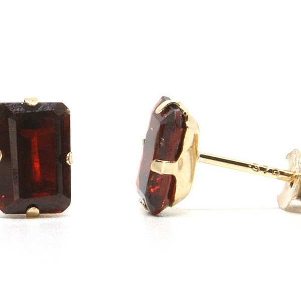 9ct Gold Garnet Studs Emerald Cut earrings Made in UK