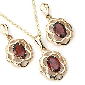 Solid 9ct Gold Garnet Celtic Pendant Necklace and drop Earring set with FREE Gift Box