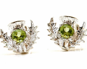 Solid 925 Sterling Silver Peridot Scottish Thistle Stud earrings with FREE Gift Box