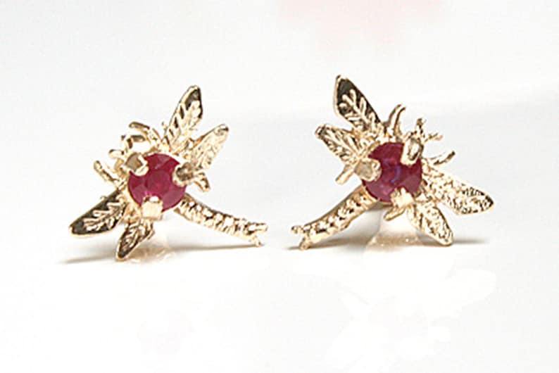 Solid 9ct Gold Ruby Dragonfly Stud Earrings with FREE Gift Box
